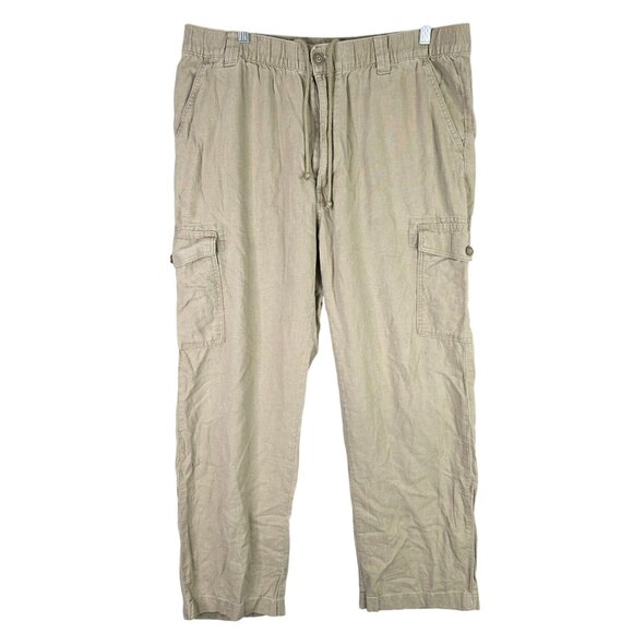 Mens Roundtree & Yorke Beige Cargo Pants Linen Blend Drawstring Size 40X32 - Picture 1 of 7